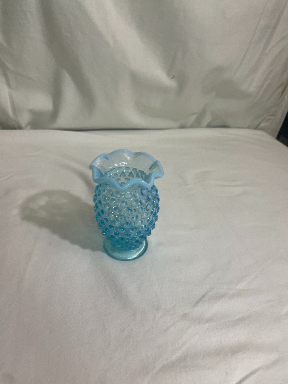 Vintage Fenton Style Blue Opalescent Hobnail Glass Bud Vase Ruffled Rim 4" Tall